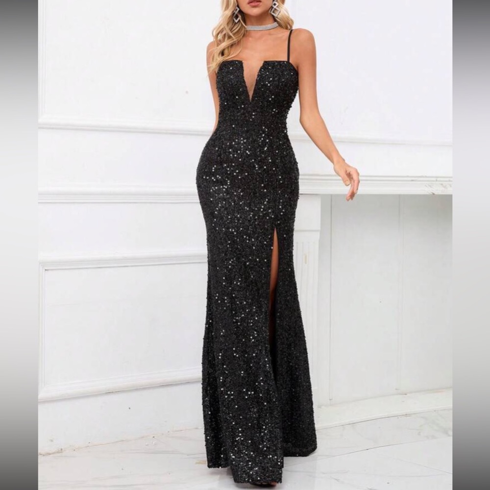 Luxe slit thigh sequins party dress
